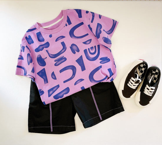 Boy's Purple Letter T-Shirt with Black Shorts Set