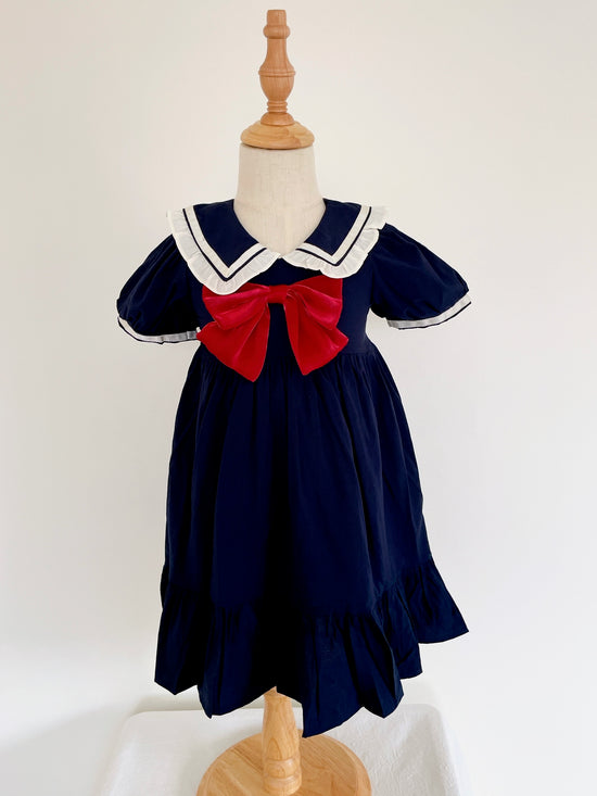 Girls Big Bow Navy Dress