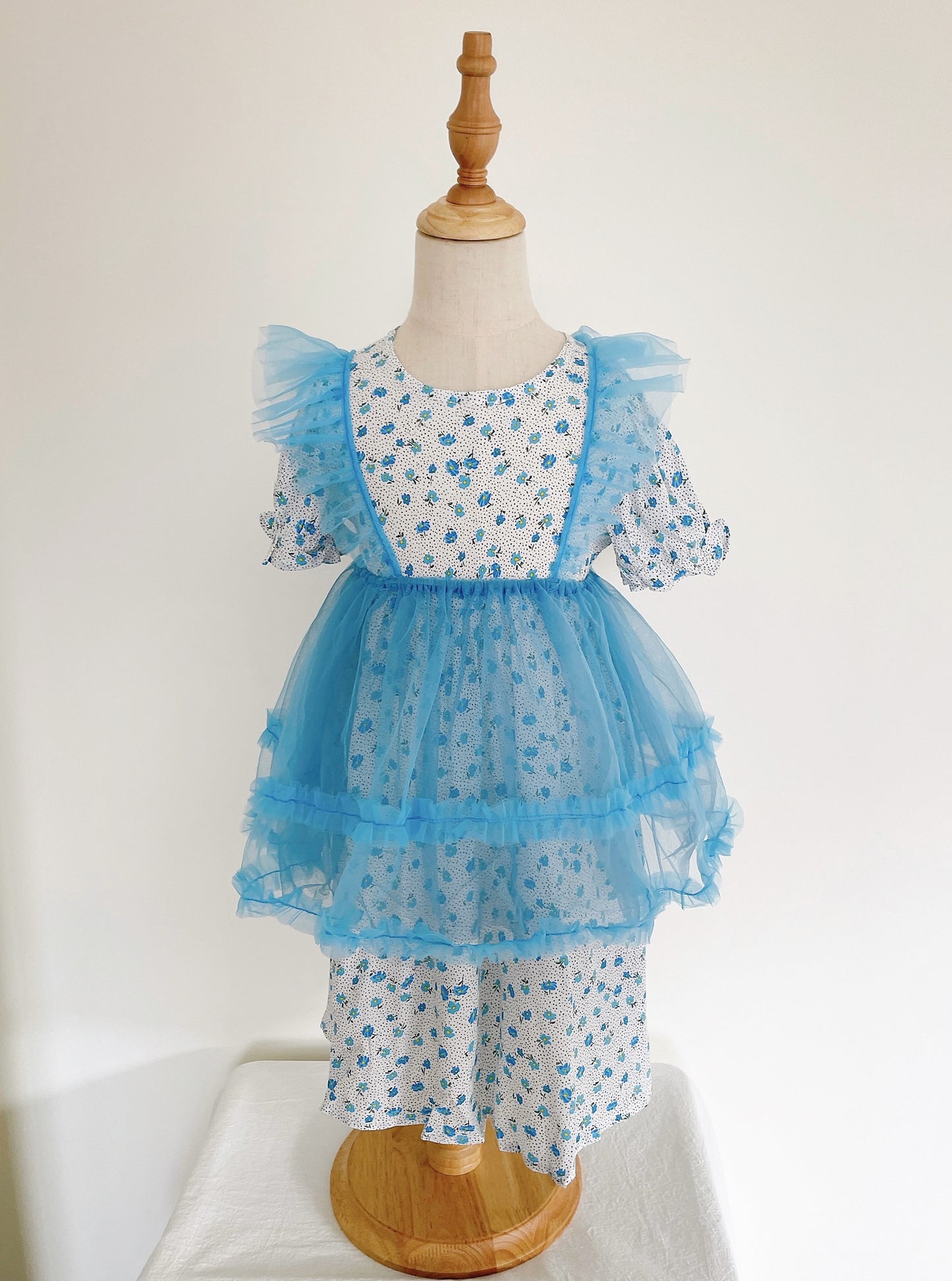 Girls Blue Floral Chiffon Two-Piece Dress