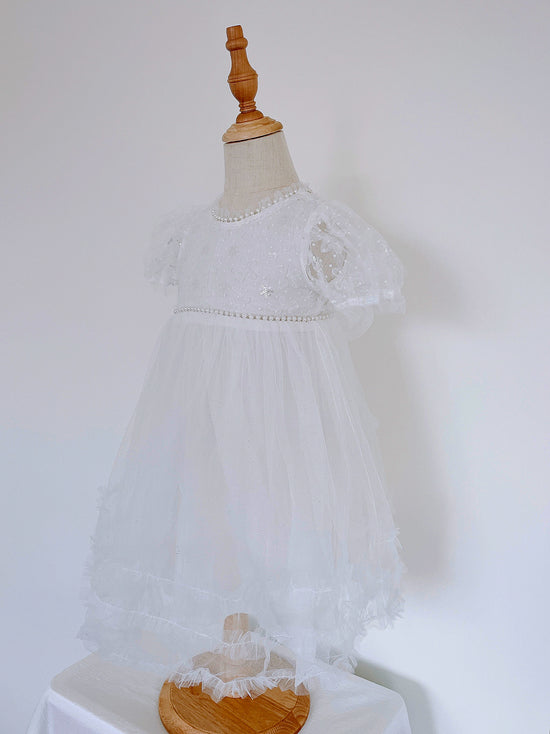 Girls' Pearl Sequin Bow White Chiffon Dress