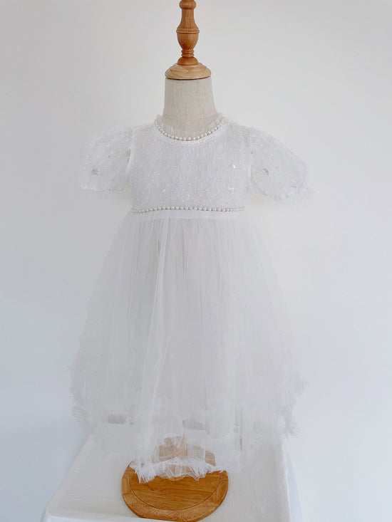 Girls' Pearl Sequin Bow White Chiffon Dress