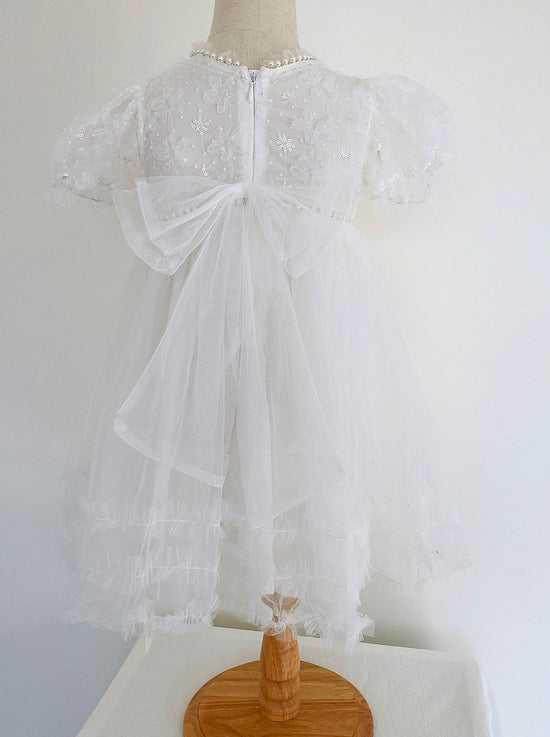 Girls' Pearl Sequin Bow White Chiffon Dress