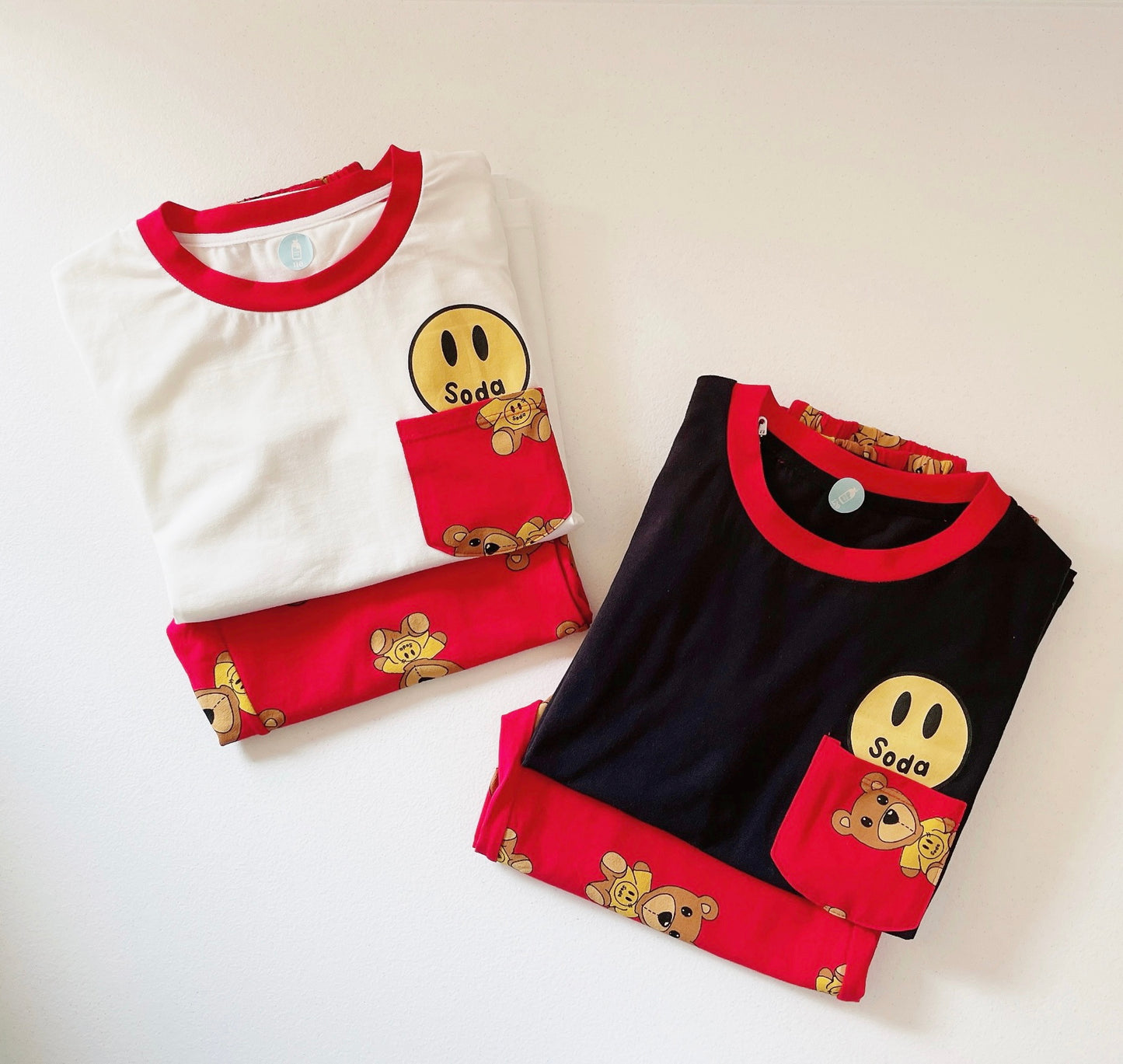 Kids Pajamas Teddy Bear Print Set-Happy Face Print Top & Pants Set