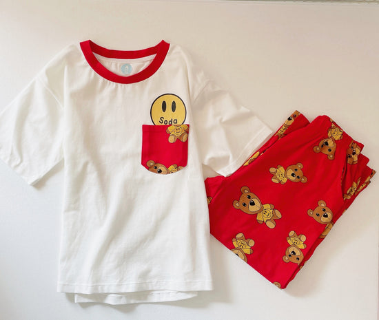 Kids Pajamas Teddy Bear Print Set-Happy Face Print Top & Pants Set