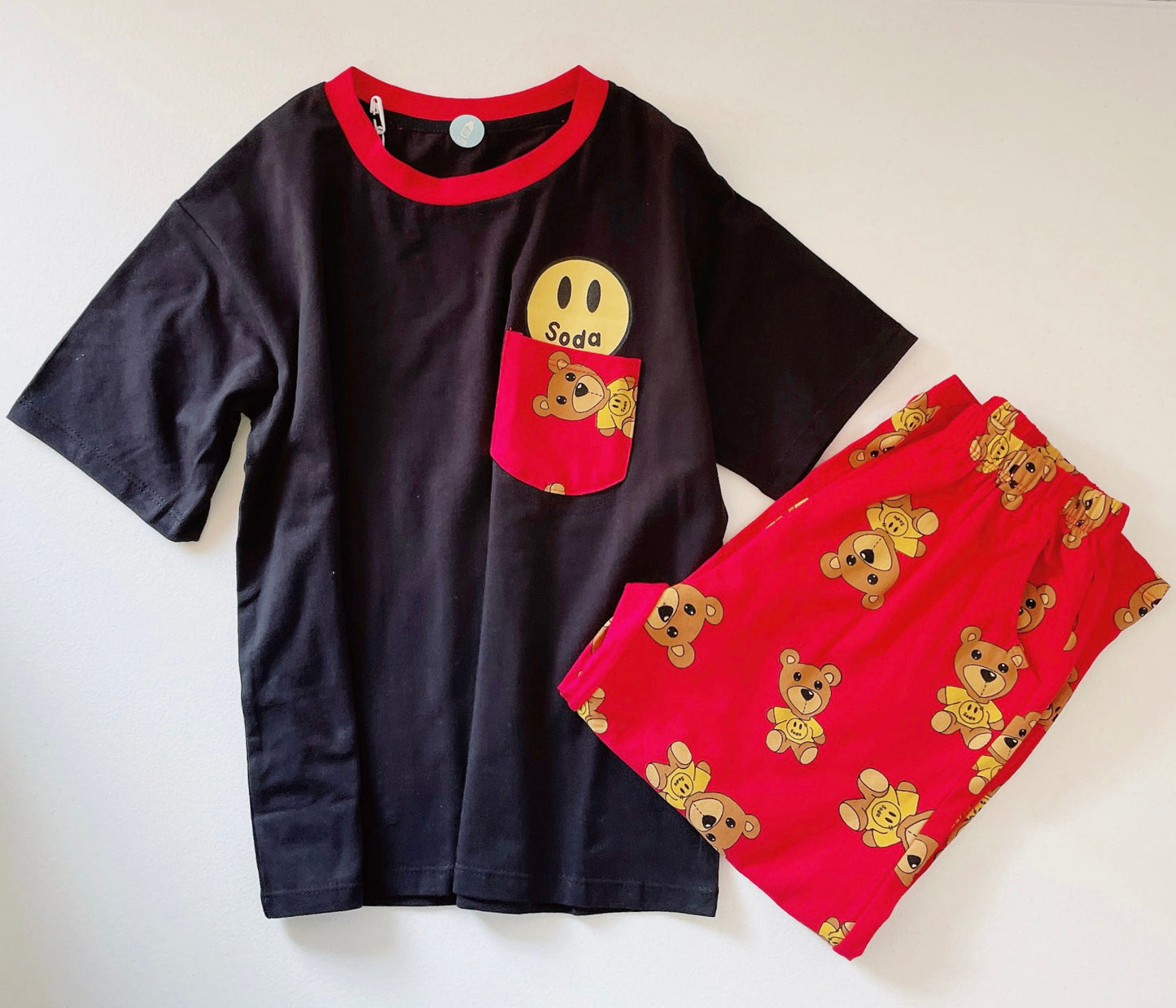 Kids Pajamas Teddy Bear Print Set-Happy Face Print Top & Pants Set