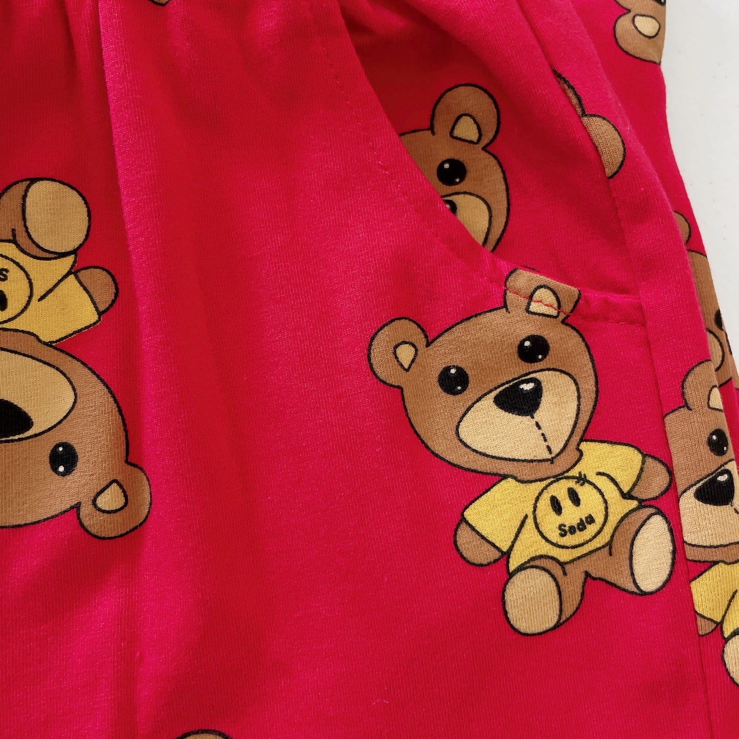 Kids Pajamas Teddy Bear Print Set-Happy Face Print Top & Pants Set