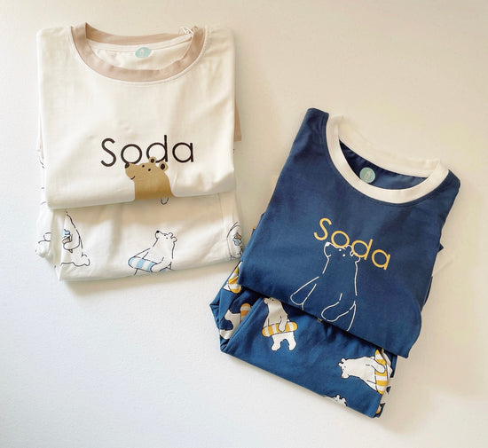 Kids Pajamas Soda Bear Print Set- Soda Bear Print Short Sleeves Top & Short Pants