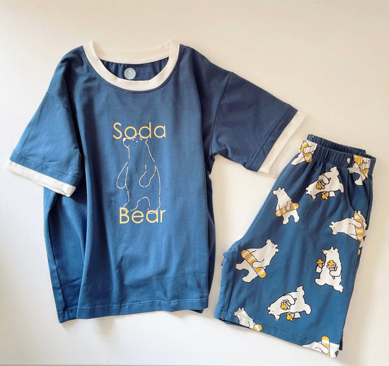 Kids Pajamas Soda Bear Print Set- Soda Bear Print Short Sleeves Top & Short Pants