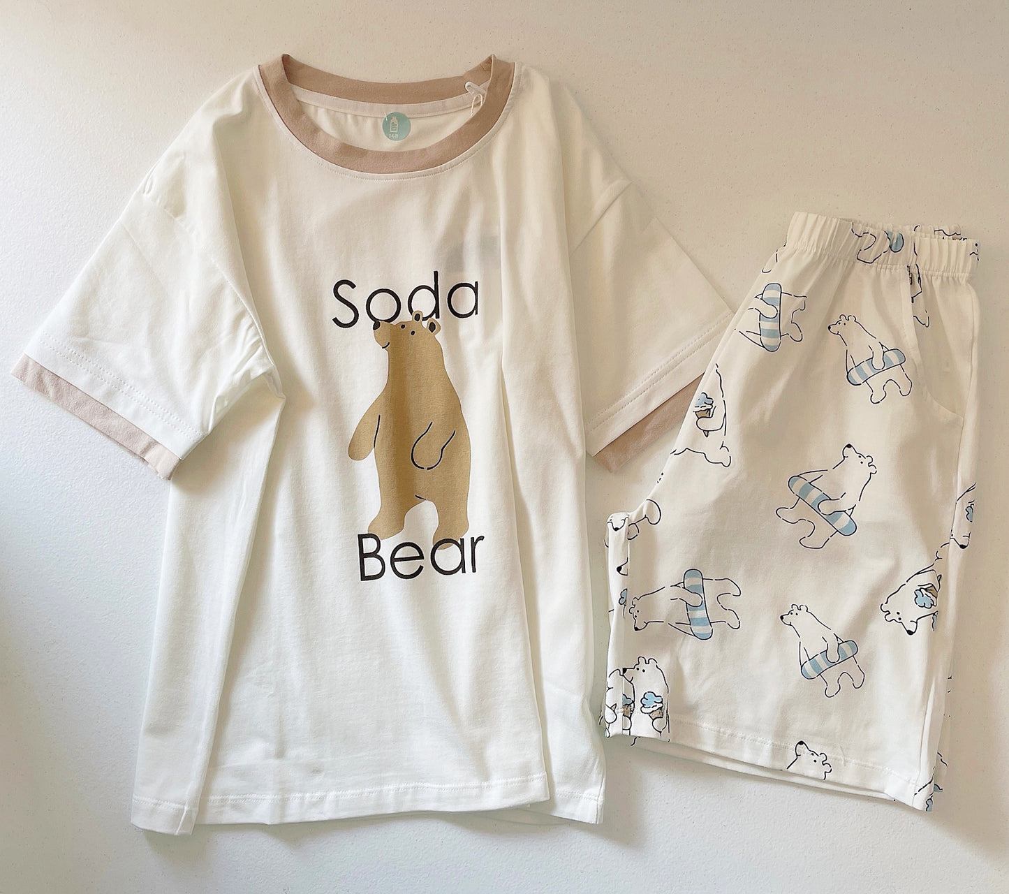 Kids Pajamas Soda Bear Print Set- Soda Bear Print Short Sleeves Top & Short Pants