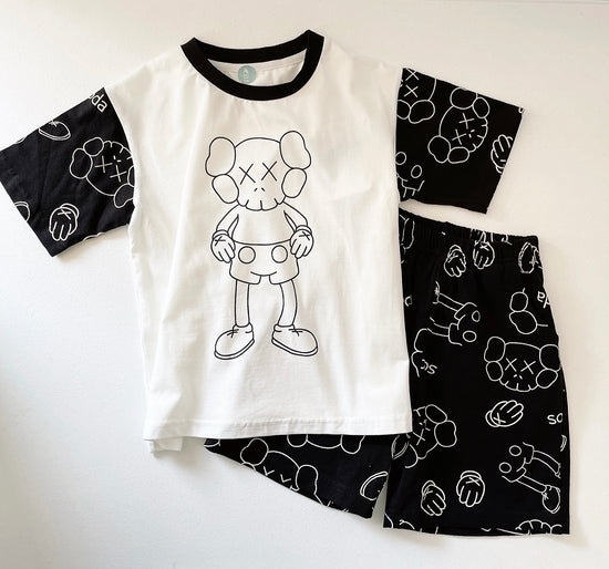 Kids Pajamas Violent Bear Print Set- White Short Sleeves Top & Black Short Pants