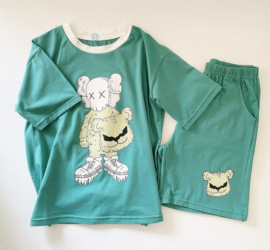 Kids Pajamas Violent Bear Print Set- Green Short Sleeves Top & Short Pants