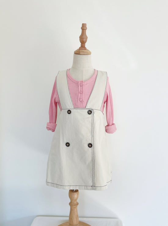 Girls' Cream Cottons Strap Dress With Buttons