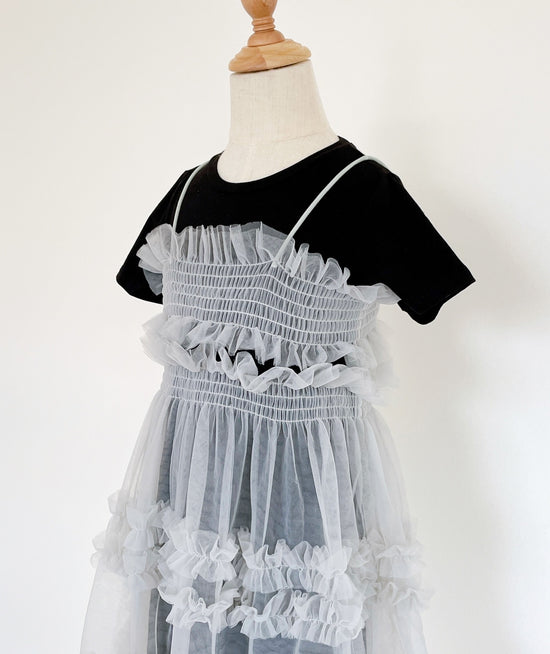 Girls Grey Fashion Mesh  Dress With Black Short Sleeve T