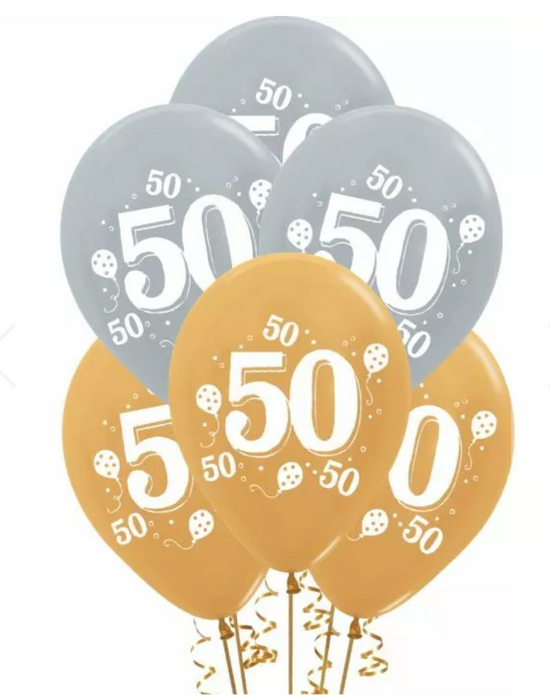 SILVER & GOLD 50TH PARTY BALLOONS (10 PACK )